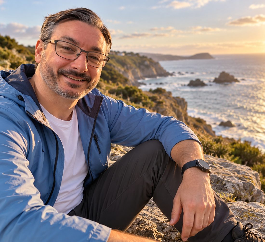Dwayne Baird, founder of DataForge, smiling on a coastal clifftop at sunset
