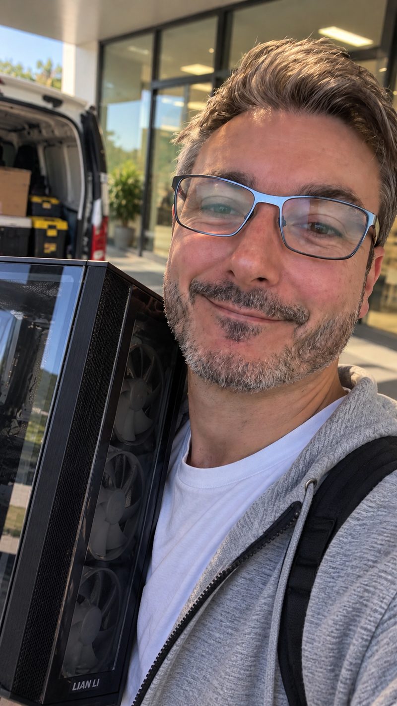 Dwayne Baird carrying a newly built computer out to a client site